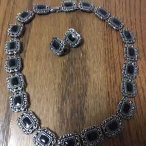 Vintage Black and Silver Tone Link Necklace and Clip Earrings Set